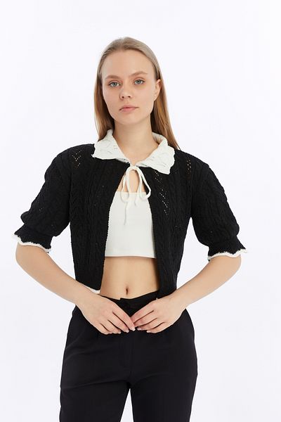 MA ananas Tricoturi negre de damă, cardigan bolero cu frânghie MA405