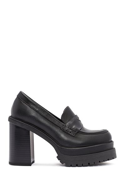 Derimod Women's Black Thick Heeled Leather Masculine Loafer 24Wfd 180918