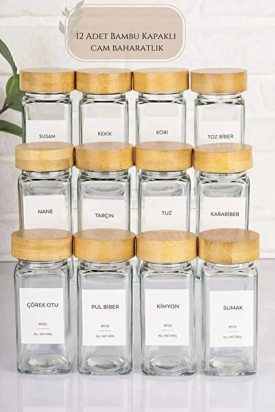 Berdina Home 12’li Bambu Kapaklı Etiketli Cam Kare Formlu Baharatlık Takımı S...