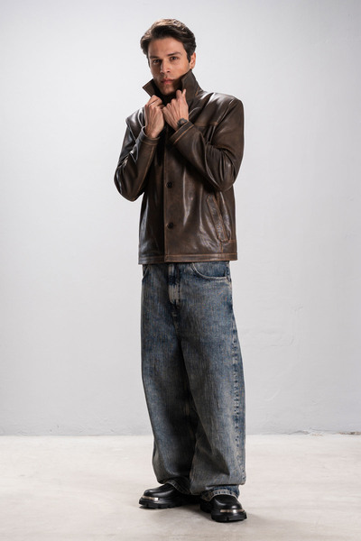 Dericlub Hanover Mens Shirt - Classic Genuine Leather Jacket with Tan Lapel and Button Closure