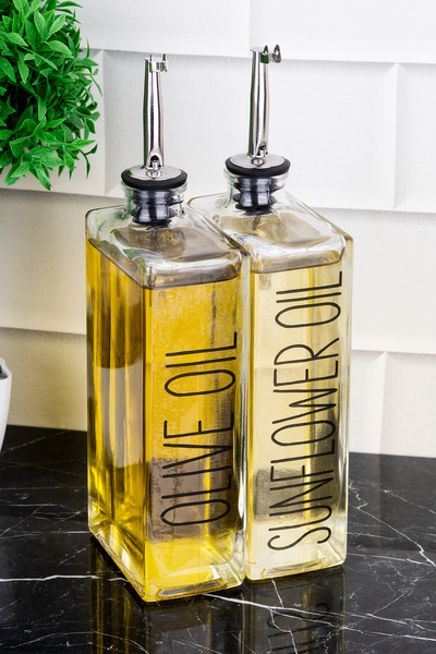 DNS HOME Set of 2 Glass Oil Pot with Silver Lid, Sunflower and Olive Oil Labeled Sauce Bowl and Vinegar Bowl 500 ml