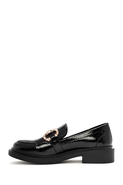 Derimod Women's Black Buckle Detailed Patent Leather Masculine Loafer 24Wfe 401316