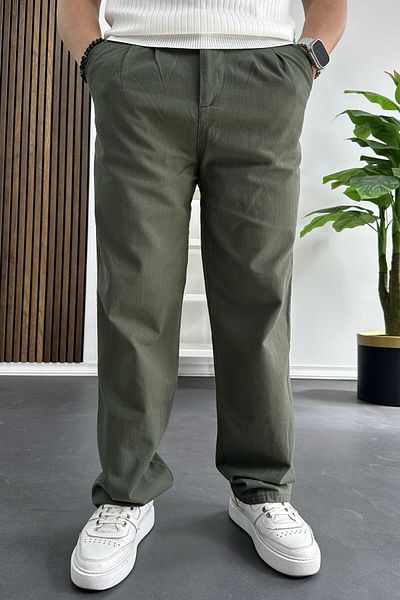 Edwox Men's Green Pattern Linen Trousers Comfortable