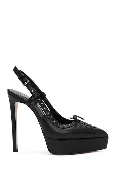 Derimod Black Platform High Heeled Leather Women's Shoes - Open Back 24wfd 121618