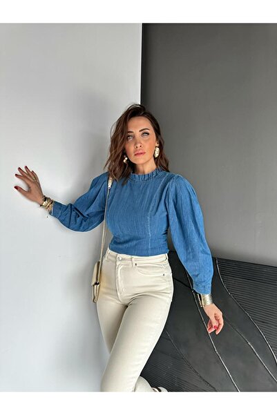 Zerrincan Giyim Mavi Balon Kol Orijinal Kot Bluz