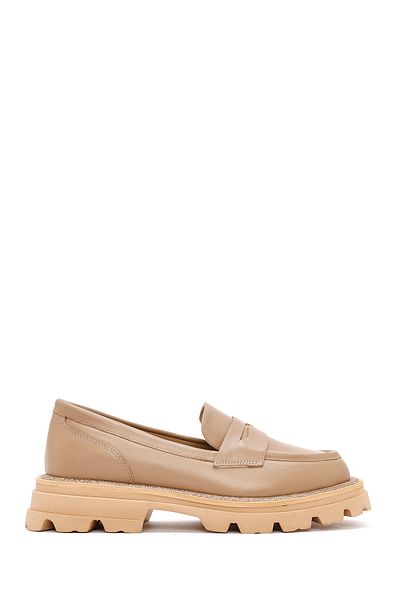 Derimod Women's Beige Thick Soled Leather Masculine Loafer 24Wfd 188718