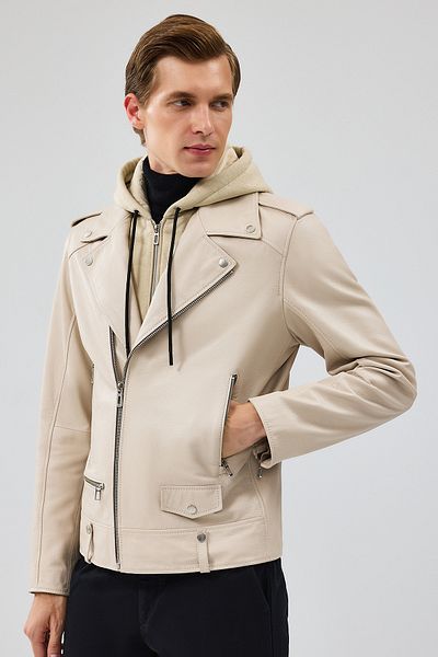 Derimod Butler Men's Beige Hooded Biker Leather Jacket 24Wgf6527Ft