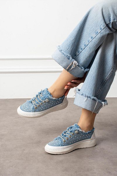 diclepolat Blugi de damă, albastru, in, piatră, cu șireturi, pantofi sport casual Allen