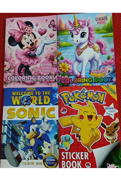 bundle island 4 adet stickerli boyama kitabı (Minnie,sonic,unicorn,pocemon fi...