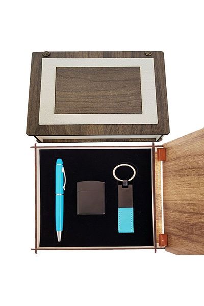 Skygo Blue Pen Keychain and Lighter Set with Special Wooden Box