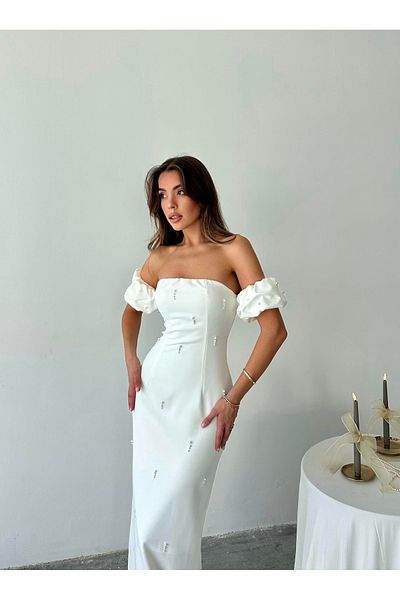 Afiş Butik White Pearls Strapless Sleeve Detail Long Dress
