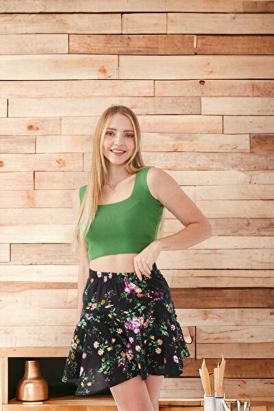 Aslında Look Çiçek Desenli Beli Lastikli Etek Şort Etek Şortlu Etek Fırfırlı Etek Mini Etek Midi Etek