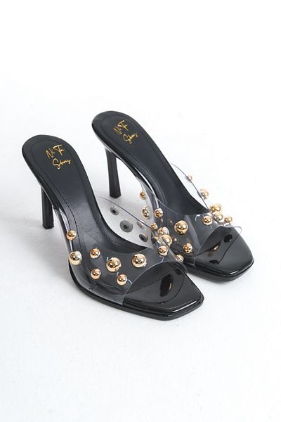 NITU Shoes Transparent Banded Black Skin High Heeled Trocley Slippers