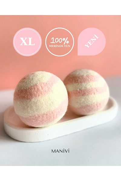 MANİVİ 100% Merino Wool Natural Felt Laundry Drying Ball XL 2 Pieces - Powder Pink & Cream