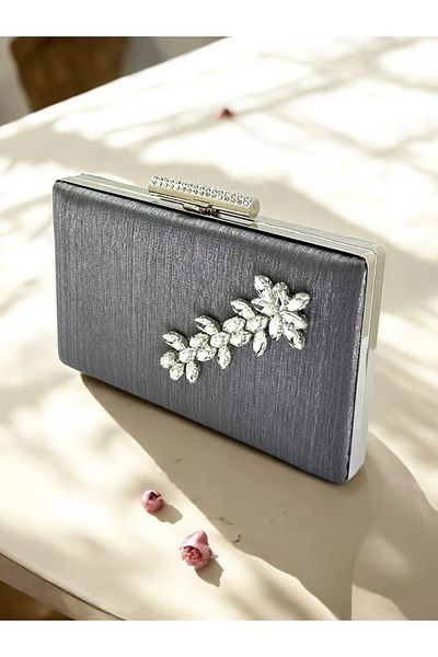 Biçanta Geantă pentru rochie de seară pentru femei, gri antracit, culoare platină, argintiu, cristal satinat