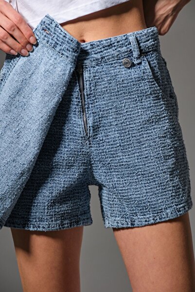 Maule Mavi Kadın Punch Şort Etek Yüksek Bel Cut Bukle Efekt Crafted Denim Kot Kısa Rahat @foligno