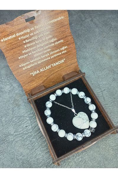 Mos Tespih Howlite Natural Stone Necklace and Bracelet Set in Special Box