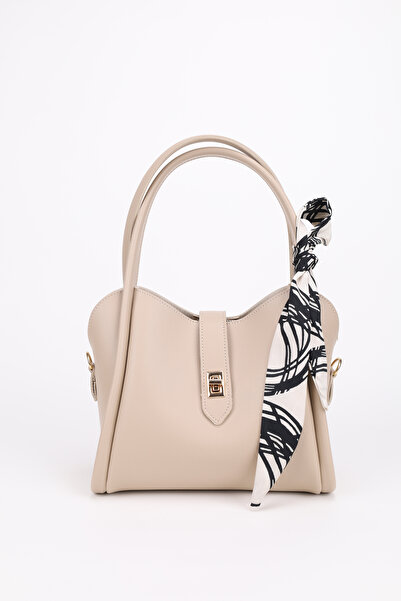 NOTHING Women's Lock Detailed Three Compartment Design Removable Makeup Bag Mink Hand and Shoulder Bag Rio