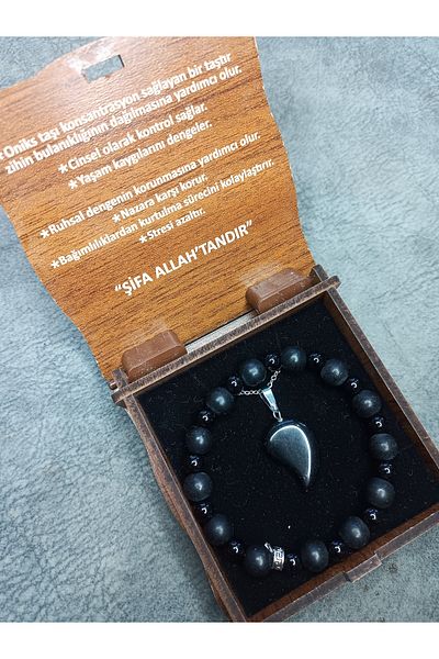 Mos Tespih Onyx Natural Stone Necklace and Bracelet Set in Special Box