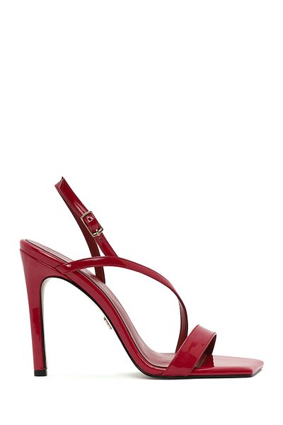 Derimod Women's Red Ankle Buckle High Thin Heeled Patent Leather Sandals 25Sfe 391216