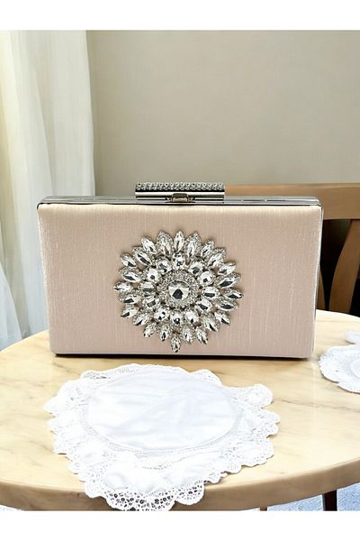 Biçanta Skin Nude Color Non-Handprint Glittery Satin Crystal Stone Γυναικεία βραδινή τσάντα για γάμο αρραβώνων