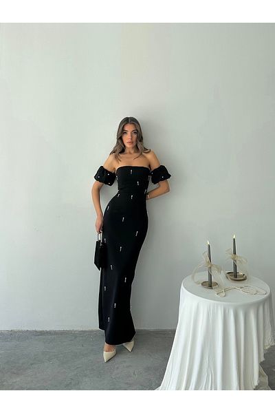 Afiş Butik Black Pearl Strapless Sleeve Detail Long Dress