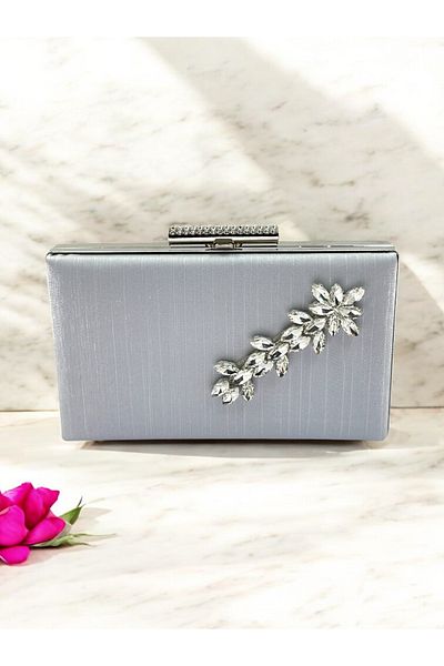 Biçanta Culoare Gri Argintiu Cristal Satin Sclipici Fără Amprentă De Mână Geantă Rochie De Seară De Damă Logodnă