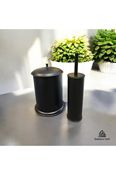 İSAOĞLU YAPI Black Trash Can and Brush Set Rustic Black Bucket Brass