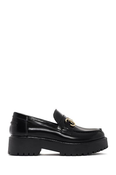 Derimod Women's Black Buckle Detailed Thick Soled Leather Masculine Loafer 25Sfd 180222