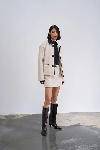 Quzu Beige Plush Mini Skirt - Leather Belt