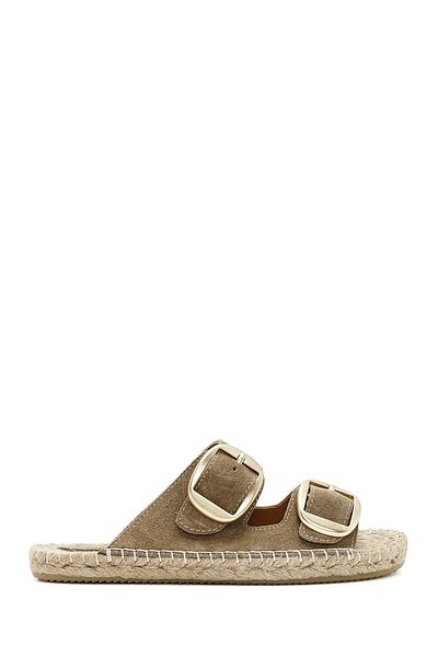 Derimod Women's Tan Buckle Suede Leather Espadrille Slippers 25Sfd 205010