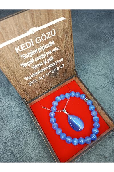 Mos Tespih Cat's Eye Natural Stone Necklace and Bracelet Set in Special Box