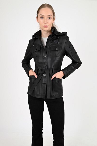 ALİN Sansa Women's Black Hooded Genuine Leather Jacket Size Measurements Visually