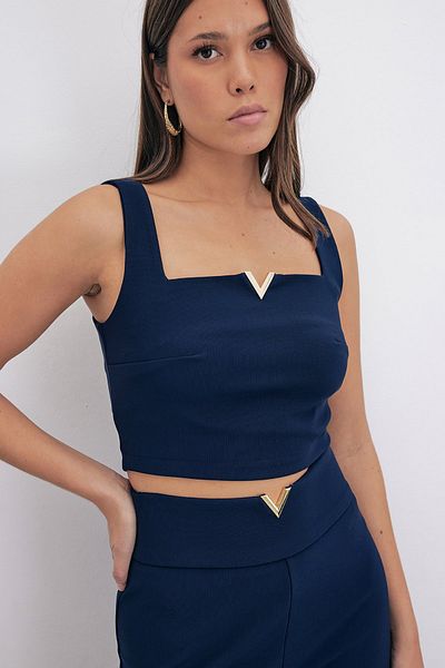 Sateen Navy Blue Blouse with Gold Accessories