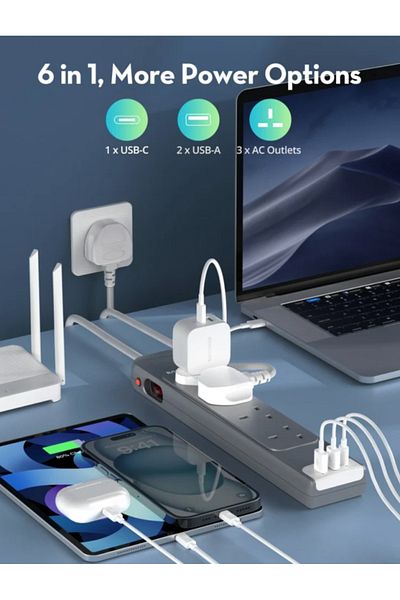 RavPower RAVPower 4-Port Power Strip with 2 USB-A Ports and 1 USB-C Port, 3.5mm