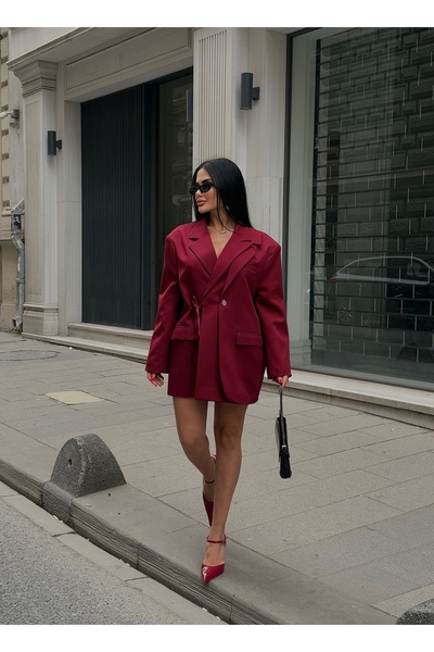 LB Laluna Butik Kadın Bordo Özel Tasarım Kruvaze Yandan Bağlamalı Blazer Ceket