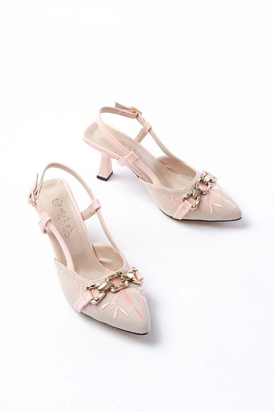 Evla Shoes K-250 Powder Linen Daily Open Back Buckle Heeled Women's Shoes