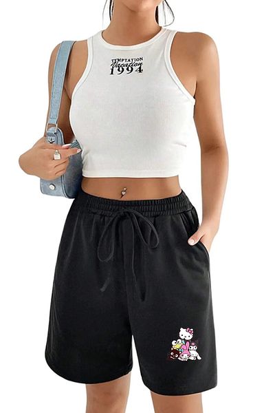 makiteks Negru Gri 2'li Culoare uni Pantaloni scurți obișnuiți pentru femei Lilo Stitch Kuromi Hellokitty