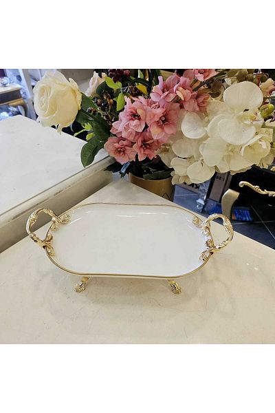 MaviDamla 1 Piece Oval Footed Porcelain Presentation Plate with Gold Star Detail