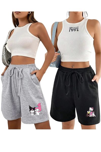 makiteks Negru Gri 2'li Culoare uni Pantaloni scurți obișnuiți pentru femei Lilo Stitch Kuromi Hellokitty
