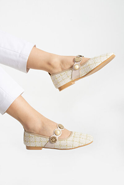 Parparastil Tweed Pearl Λεπτομερή κλειστή πλάτη με χαμηλό τακούνι Mary Jane Casual Beige Straw Γυναικείες μπαλαρίνες