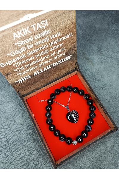Mos Tespih Agate Stone Natural Stone Necklace and Bracelet Set in Special Box