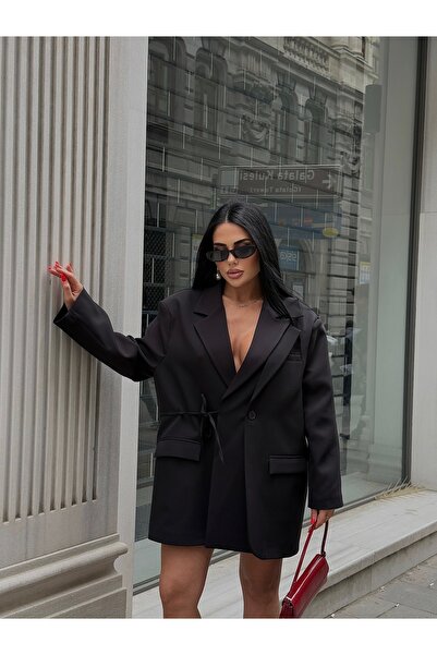 LB Laluna Butik Kadın Siyah Özel Tasarım Kruvaze Yandan Bağlamalı Blazer Ceket