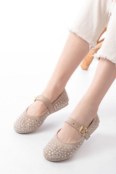 Moda Asmira Dm-6020 Beige Troc Helmet Buckle Daily Women's Ballerinas
