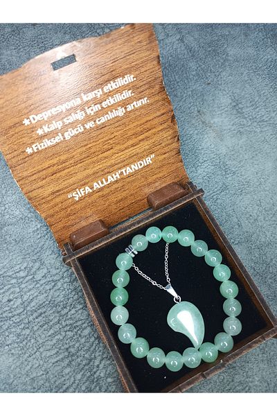 Mos Tespih Aventurine Stone Natural Stone Necklace and Bracelet Set in Special Box