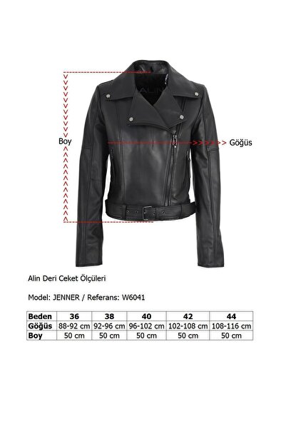 ALİN Jenner Kadın Siyah Biker Kemerli Hakiki Deri Ceket Beden Ölçüleri Görselde