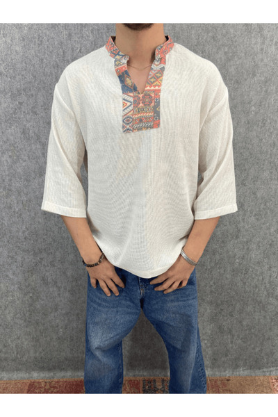 FıttingRoom Oversize Bohem Pamuk Keten Kırık Beyaz  Tshirt