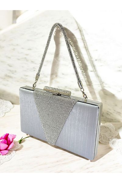 Biçanta Geantă de rochie de seară pentru femei, cu mâner de piatră gri argintiu, satinat cu sclipici, decorată cu piatră de cristal