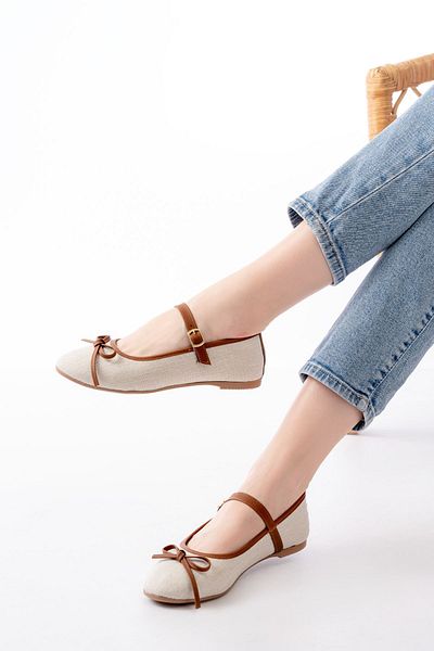 Moda Asmira 6321 Beige Linen Daily Helmet Ballerinas with Buckle