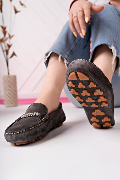 NOSEY SHOES Laura Model Genuine Leather Anthracite Suede Stone Detailed Daily Women's Ballerinas